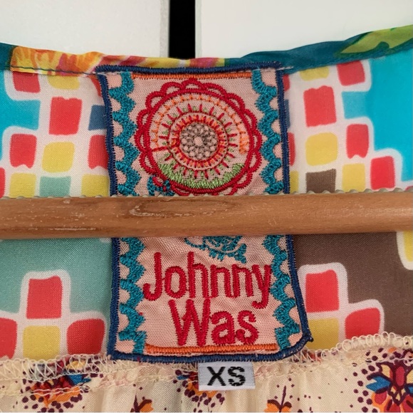 Johnny Was Silk Dress Colorful Patchwork Print Embroidered Tiered Slip Size XS - Picture 5 of 7